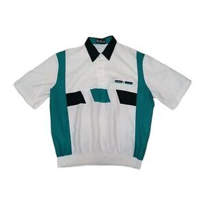 Vtg Alan Stuart Men Shirt Large Colorblock Polo Retro‎ 80s 90s Green White Black
